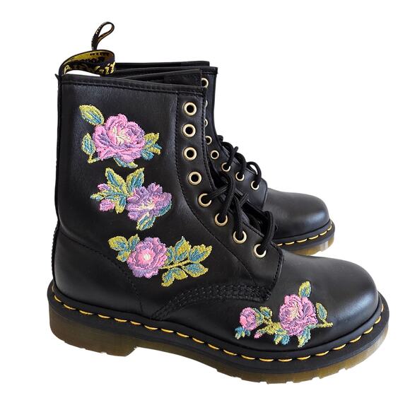 Dr. Martens 1460 Vonda Black Pink Floral Embroidered Combat Boots Women's Size 7 - Picture 1 of 8